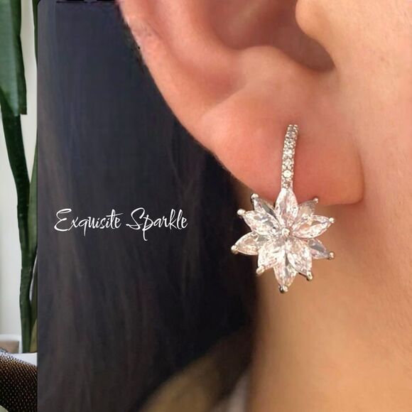 🌸18k White Gold Filled  Lilly Stargazer zircon C Hoop Earrings - Picture 15 of 17